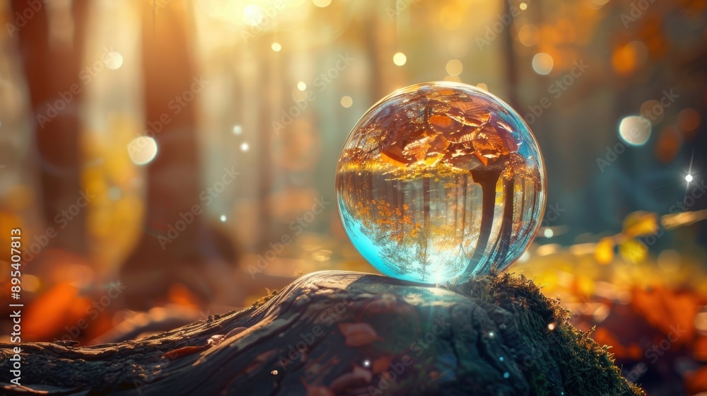 Poster crystal ball on a tree stump reflecting the colorful autumn forest, creating a magical and enchantin