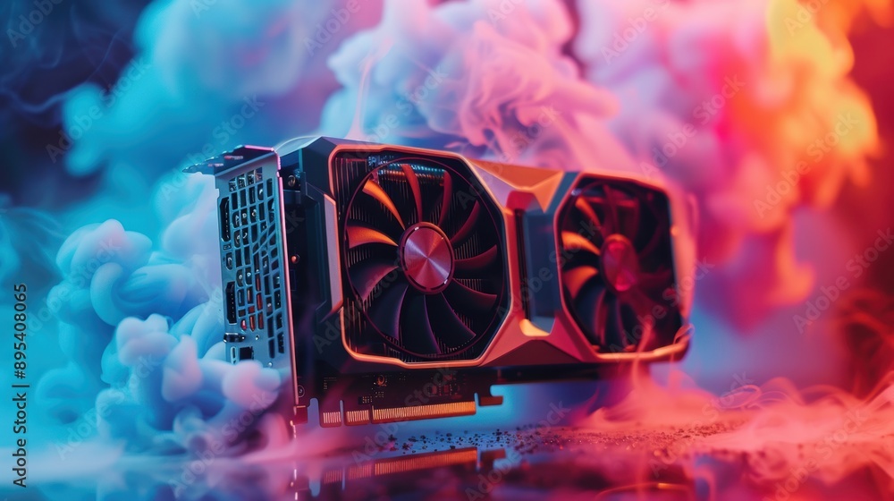 Poster high-performance graphics card displayed with colorful smoke effects, emphasizing cutting-edge techn