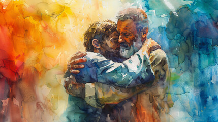 A heartwarming watercolor painting of a father embracing his prodigal son as he returns home, representing love, forgiveness, and reconciliation. It can be used for religious events or as a symbol...