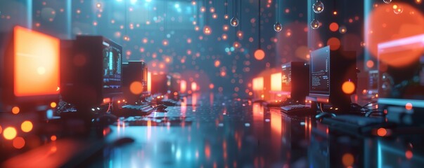 Obraz premium Modern Gaming and Technology Workspace with Neon Lights and Multiple Computer Stations