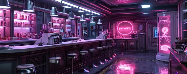Fototapeta premium Futuristic Neon-Lit Bar Interior with High-Tech Equipment and Modern Design Elements
