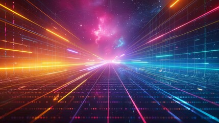 Futuristic Digital Landscape with Neon Lights and Grid Patterns in a Vibrant Space Setting