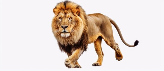 Obraz premium Majestic Lion Walking Against a White Background