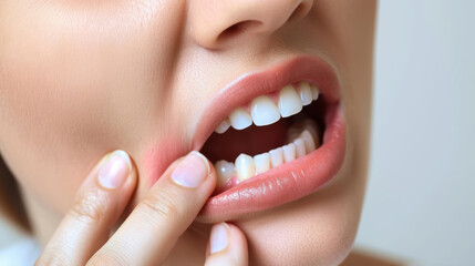 A woman with a toothache is biting her lip. Concept of discomfort and pain