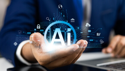 Businessman hold artificial intelligence AI technology for enhanced work efficiency data analysis and efficient tools, Unlocking work potential with AI solutions chatbot help solve work problems.