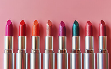 A row of colorful lipsticks are lined up on a pink background. The lipsticks are of different colors and shades, creating a vibrant and eye-catching display. Concept of variety and choice