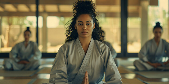 hispanic young woman in a karate uniform meditates, her eyes fixed on the camera.