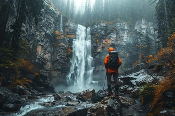 Obraz premium Hiker Gazes at Majestic Waterfall in Rocky Mountain Setting