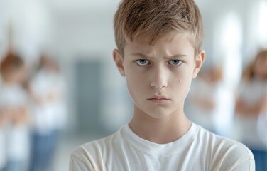 A boy with a scowl on his face is wearing a white shirt