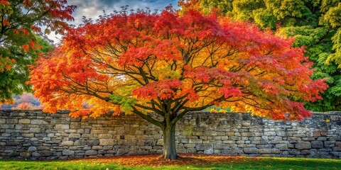 A beautiful tree with vibrant foliage growing against a rustic stone wall, nature, outdoors, growth, tree, vibrant