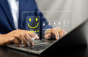 Online customer satisfaction survey feedback and ratings for business success, User give rating to service experience on online application, Quality service evaluation positive customer reviews.