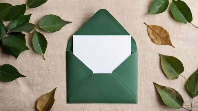 a green envelope with a white card on it