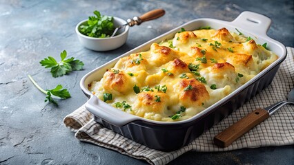 Creamy cauliflower casserole topped with melted cheese and golden bechamel sauce, cauliflower, casserole, cheese