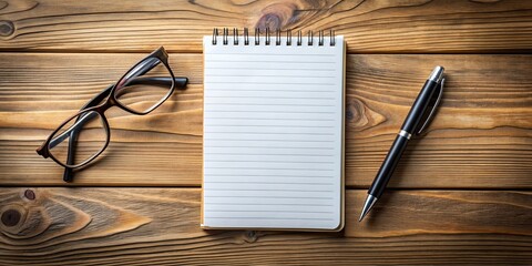 Notepad, pen and glasses on wooden desk, office supplies, stationery, workplace, organization, workspace, business