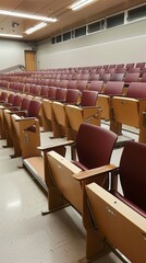Empty University Lecture Hall with Rows of Wooden Chairs and Desks in Modern Educational Building