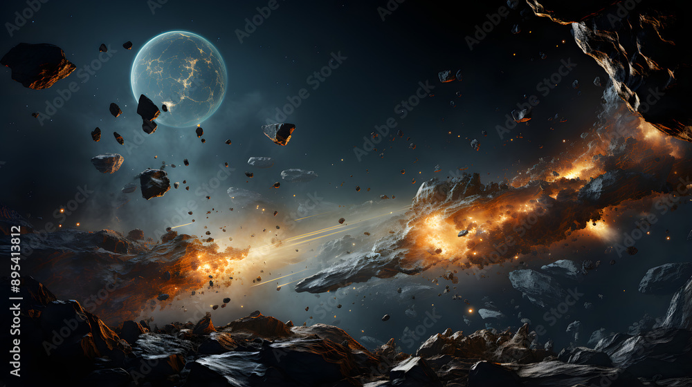 Poster a fiery collision of asteroids in space, with a glowing planet in the background and streaks of ligh