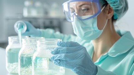 Fototapeta premium A woman in a lab coat is wearing a mask