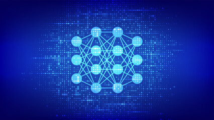 Neural network icon made with binary code. AI. Artificial Intelligence. Machine Learning. Deep learning. Big data analysis technology. Digital code background with digits 1.0. Vector Illustration.