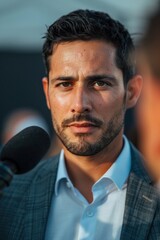 Fototapeta premium Close-up of a candidate being interviewed by reporters outdoors, professional yet casual setting, natural lighting, Portrait close-up, hyper-realistic, high detail, photorealistic, studio lighting,