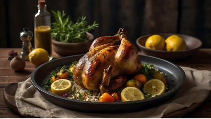 Perfectly roasted whole chicken with citrus and lemon with dark, moody background || AI Generated