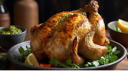 Perfectly roasted whole chicken with citrus and lemon on rustic tray with dark, moody background || AI Generated