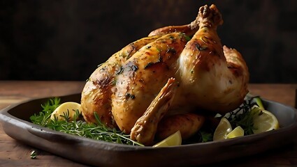 Perfectly roasted whole chicken with citrus and lemon on rustic tray with dark, moody background || AI Generated