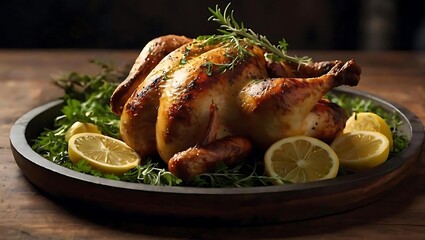 Perfectly roasted whole chicken with citrus and lemon with dark, moody background || AI Generated