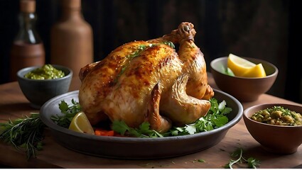 Perfectly roasted whole chicken with citrus and lemon with dark, moody background || AI Generated