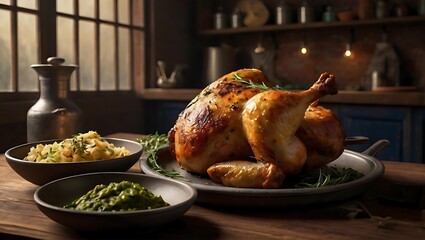 Perfectly roasted whole chicken with citrus and lemon on rustic tray with dark, moody background || AI Generated