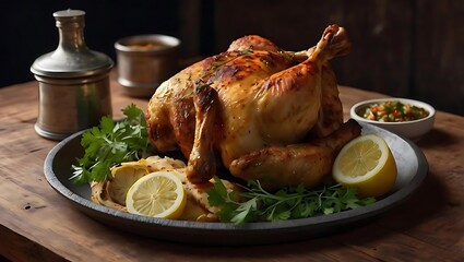 Perfectly roasted whole chicken with citrus and lemon on rustic tray with dark, moody background || AI Generated