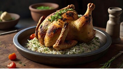Perfectly roasted whole chicken with citrus and lemon with dark, moody background || AI Generated