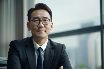Naklejka premium Asian businessman collaborating with international partners via video call, Generative AI