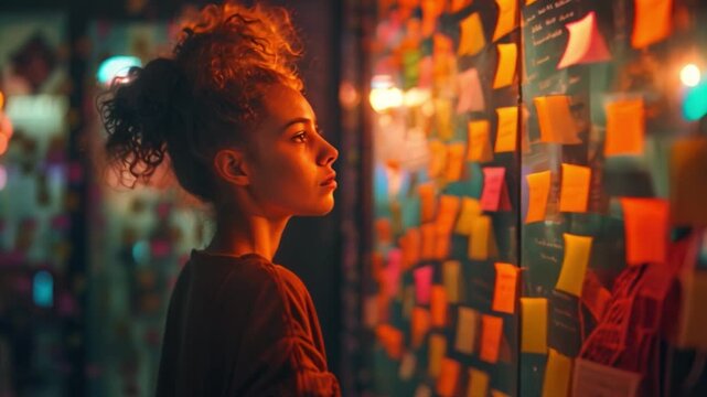 An enthusiastic young woman entrepreneur working in a startup office with whiteboards and post-it notes all around her
