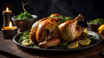 Perfectly roasted whole chicken with citrus and lemon with dark, moody background || AI Generated
