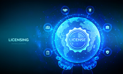 Licensing. License agreement concept. Copyright protection law license property rights. World map point line composition. Earth planet globe in wireframe hand. Vector illustration.