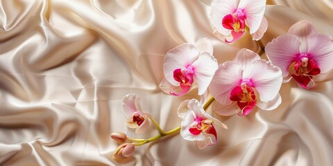 Orchids on a textured silk background, luxurious and refined, Flora, Elegant Sophistication, copy space for text, focus cover all object, deep dept of filed
