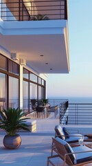 Fototapeta premium Luxurious Modern Apartment Balcony with Panoramic City View: 3D Visualization of High-Rise Urban Living. Elegant Terrace Design Showcasing Contemporary Architecture, Floor-to-Ceiling Windows, and Soph