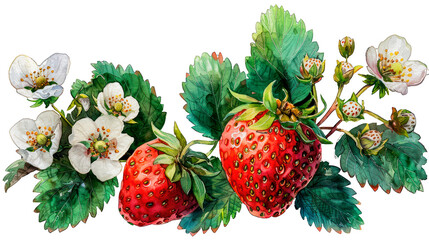 Strawberry berries with strawberry flower and leaves. Watercolor vintage old botanical illustration isolated on transparent background. Retro style. Pastel tones. 
