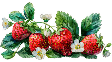 Strawberry berries with strawberry flower and leaves. Watercolor vintage old botanical illustration isolated on transparent background. Retro style. Pastel tones. 