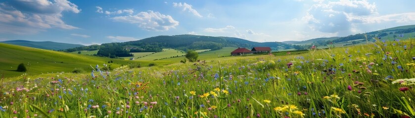 Fototapeta premium Lush wildflower meadow with rolling hills and distant rural farmhouse, Environment, Pastoral Bliss, copy space for text, focus cover all object, deep dept of filed