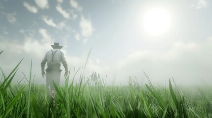 A man in a cowboy hat walks through a field of tall grass
