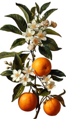 Vintage-style botanical illustration featuring clementine fruit and flowers on transparent background. Retro style. Pastel tones.