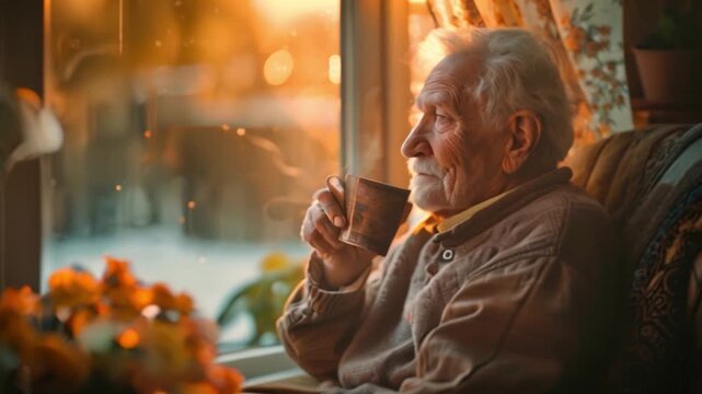 An elderly man greets the dawn of a new day by opening his curtains and sipping his favorite tea. Memories of bygone eras blend with the coziness of the present.