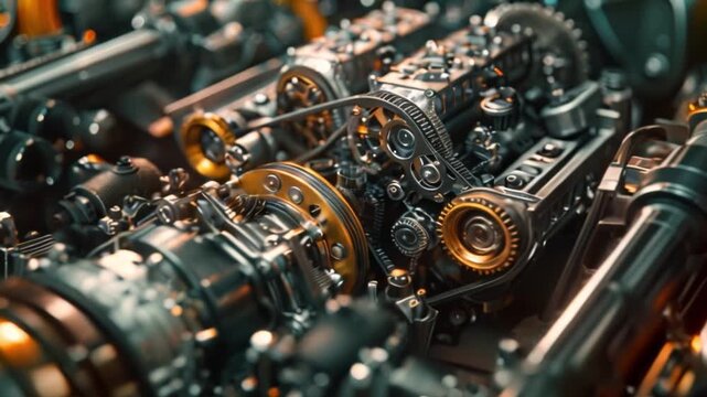 Engine oil and gears closeup, 3D rendering of a gear with oil pouring on it detailed view of a modern engine being produced at a factory