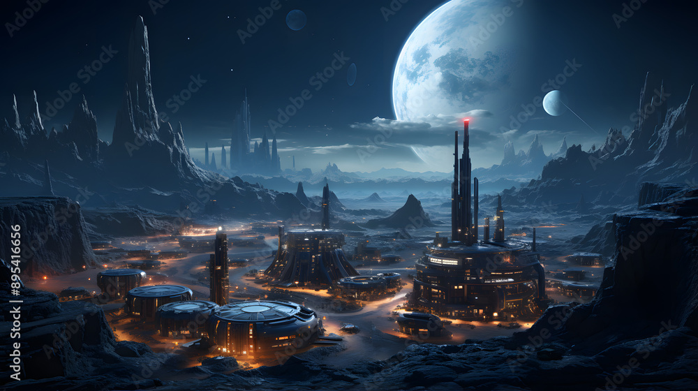 Poster a futuristic city on a distant planet, illuminated by a large moon and the glow of its buildings. th