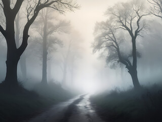 A mysterious illustration of a foggy morning with dense fog, silhouettes of trees, and a quiet path, with space for text