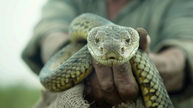 A man is holding a snake in his hand