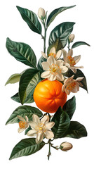 Vintage-style botanical illustration featuring clementine fruit and flowers on transparent background. Retro style. Pastel tones.