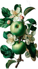 Vintage-style botanical illustration featuring green apple fruit and flowers on transparent background. Retro style. Pastel tones. 
