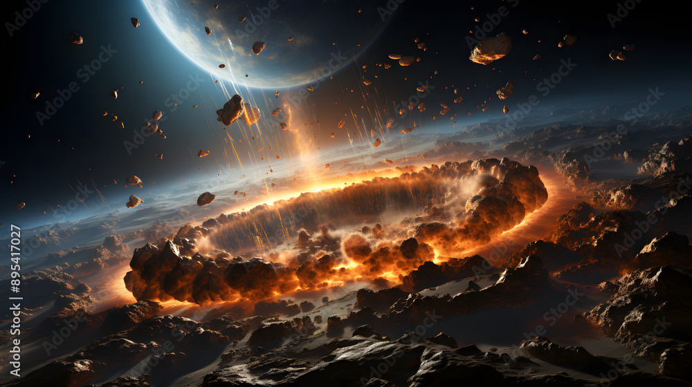 Poster a fiery celestial event unfolds as a planet is bombarded by a barrage of meteors, creating a spectac